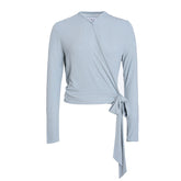 AP Wrap Tee 2023 Spring Summer Women Wrap T-shirt Ribbed Tie Long Sleeve Top High Quality 5 Colors, #1100